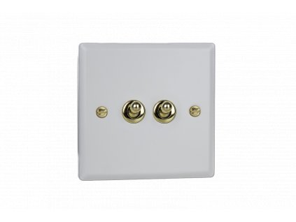 Designový vypínaè Páèkový vypínaè TOGGLE - 2-modulový schodiový (è.6); jednosmìrný (è.1) 10A 1-pólový KLASICKÉ - matnì bílá / mosazná páèka, XYT2V.MW