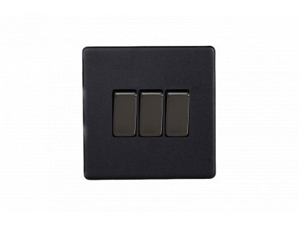 Designový vypínač Kolébkový vypínač ROCKER - 3-modulový schodišťový (č.6); jednosměrný (č.1) 10A 1-pólový BEZŠROUBKOVÉ - matně černá / černé (lesklé) iridium, XDY3S.MB