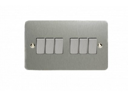 Designový vypínač Kolébkový vypínač ROCKER - 6-modulový schodišťový (č.6); jednosměrný (č.1) 10A 1-pólový ULTRAPLOCHÉ - kartáčovaná ocel / ocelové kolébky, XFS96D