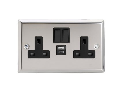 Designová zásuvka Síťová zásuvka MAINS SOCKET - 2-modulový 20 W USB 13A 1-pólový britská zásuvka KLASICKÉ - leštěný chrom / černý, XC5UACB