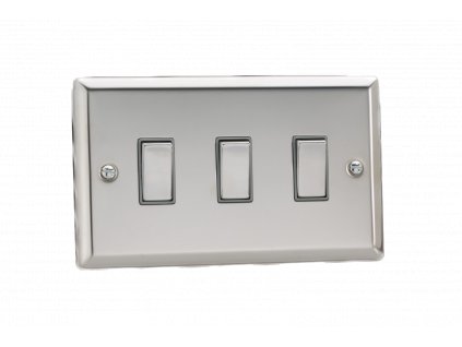 Designový vypínač Kolébkový vypínač ROCKER - 3-modulový schodišťový (č.6); jednosměrný (č.1) 10A 1-pólový KLASICKÉ - leštěný chrom / chromové kolébky, XC93D