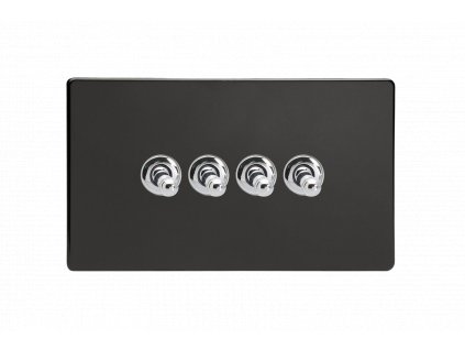 Designový vypínač Páčkový vypínač TOGGLE - 4-modulový schodišťový (č.6); jednosměrný (č.1) 10A 1-pólový BEZŠROUBKOVÉ - prémiová černá / chromové páčky, XDLT9S