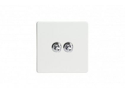 Designový vypínač Páčkový vypínač TOGGLE - 2-modulový schodišťový (č.6); jednosměrný (č.1) 10A 1-pólový BEZŠROUBKOVÉ - prémiová bílá / chromová páčka, XDQT2S