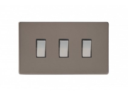 Designový vypínač Kolébkový vypínač ROCKER - 3-modulový schodišťový (č.6); jednosměrný (č.1) 10A 1-pólový BEZŠROUBKOVÉ - cínová / chromové kolébky, XDR93S