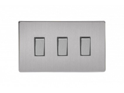 Designový vypínač Kolébkový vypínač ROCKER - 3-modulový schodišťový (č.6); jednosměrný (č.1) 10A 1-pólový BEZŠROUBKOVÉ - kartáčovaná ocel / ocelové kolébky, XDS93S