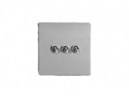Designový vypínač Páčkový vypínač TOGGLE - 3-modulový schodišťový (č.6); jednosměrný (č.1) 10A 1-pólový BEZŠROUBKOVÉ - kartáčovaná ocel / chromové páčky, XDST3S