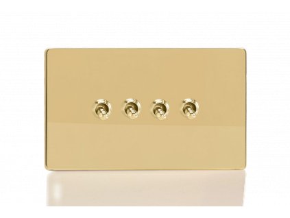 Designový vypínač Páčkový vypínač TOGGLE - 4-modulový schodišťový (č.6); jednosměrný (č.1) 10A 1-pólový BEZŠROUBKOVÉ - leštěná mosaz / mosazné páčky, XDVT9S