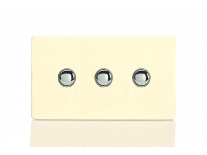 Designový vypínač Tlačítkový vypínač IMPULSE - 3-modulový schodišťový (č.6); jednosměrný (č.1) 6A 1-pólový BEZŠROUBKOVÉ - bílá čokoláda / chromová tlačítka, XDWP3S