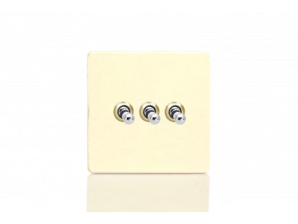 Designový vypínač Páčkový vypínač TOGGLE - 3-modulový schodišťový (č.6); jednosměrný (č.1) 10A 1-pólový BEZŠROUBKOVÉ - bílá čokoláda / chromové páčky, XDWT3S