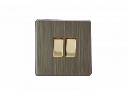 Designový vypínač Kolébkový vypínač ROCKER - 2-modulový schodišťový (č.6); jednosměrný (č.1) 10A 1-pólový BEZŠROUBKOVÉ - starožitná mosaz / mosaz, XDY2S.AB