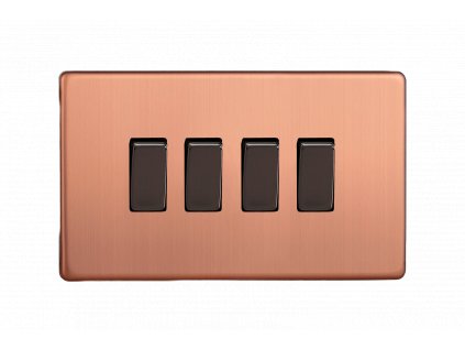 Designový vypínač Kolébkový vypínač ROCKER - 4-modulový schodišťový (č.6); jednosměrný (č.1) 10A 1-pólový BEZŠROUBKOVÉ - kartáčovaná měď / černé (lesklé) iridium, XDY9S.BC