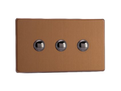 Designový vypínač Tlačítkový vypínač IMPULSE - 3-modulový schodišťový (č.6); jednosměrný (č.1) 6A 1-pólový BEZŠROUBKOVÉ - kartáčovaný bronz / černé (lesklé) iridium, XDYP3S.BZ