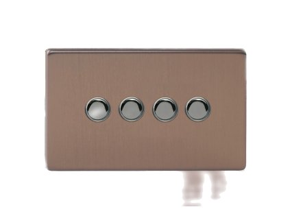 Designový vypínaè Tlaèítkový vypínaè IMPULSE - 4-modulový schodiový (è.6); jednosmìrný (è.1) 6A 1-pólový BEZROUBKOVÉ - kartáèovaný bronz / èerné (lesklé) iridium, XDYP4S.BZ