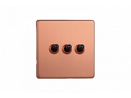 Designový vypínač Páčkový vypínač TOGGLE - 3-modulový schodišťový (č.6); jednosměrný (č.1) 10A 1-pólový BEZŠROUBKOVÉ - kartáčovaná měď / černé (lesklé) iridium, XDYT3S.BC