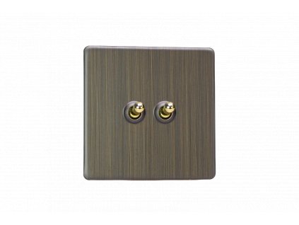 Designový vypínač Páčkový vypínač TOGGLE - 2-modulový schodišťový (č.6); jednosměrný (č.1) 10A 1-pólový BEZŠROUBKOVÉ - starožitná mosaz / mosaz, XDYT2S.AB