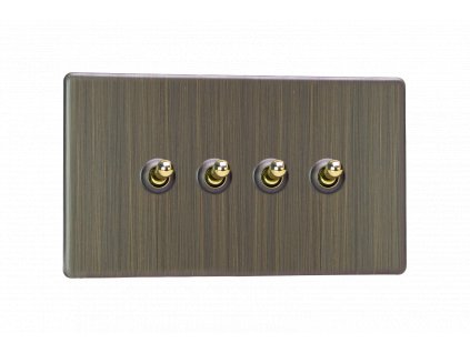 Designový vypínač Páčkový vypínač TOGGLE - 4-modulový schodišťový (č.6); jednosměrný (č.1) 10A 1-pólový BEZŠROUBKOVÉ - starožitná mosaz / mosaz, XDYT9S.AB
