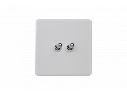 Designový vypínač Páčkový vypínač TOGGLE - 2-modulový schodišťový (č.6); jednosměrný (č.1) 10A 1-pólový BEZŠROUBKOVÉ - prémiová bílá / chromové páčky, XDYT2S.PD