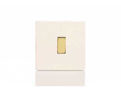 Designový vypínač Kolébkový vypínač ROCKER - 1-modulový schodišťový (č.6); jednosměrný (č.1) 10A 1-pólový BEZŠROUBKOVÉ - matně bílá / mosazná kolébka, XDY1VS.MW