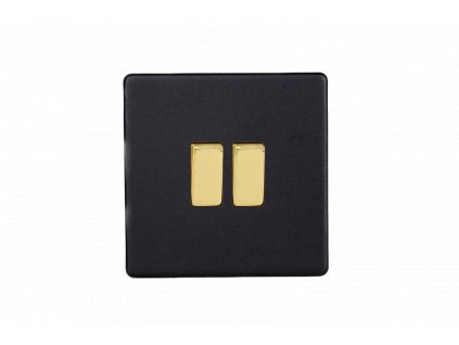 Designový vypínač Kolébkový vypínač ROCKER - 2-modulový schodišťový (č.6); jednosměrný (č.1) 10A 1-pólový BEZŠROUBKOVÉ - matně černá / mosazné kolébky, XDY2VS.MB