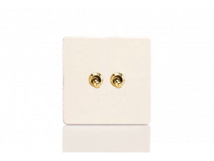 Designový vypínač Páčkový vypínač TOGGLE - 2-modulový schodišťový (č.6); jednosměrný (č.1) 10A 1-pólový BEZŠROUBKOVÉ - matně bílá / mosazné páčky, XDYT2VS.MW