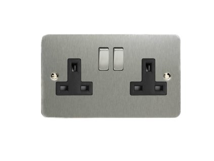 Designová zásuvka Síťová zásuvka MAINS SOCKET - 2-modulový 13A 2-pólový britská zásuvka ULTRAPLOCHÉ - kartáčovaná ocel / černá, XFS5DB