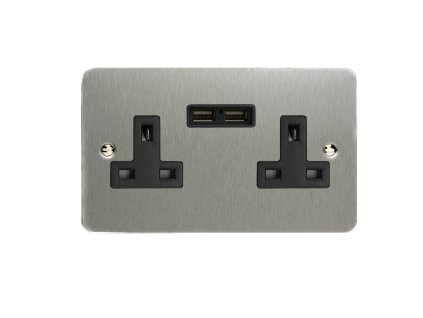 Designová zásuvka Síťová zásuvka MAINS SOCKET - 2-modulový 13A britská zásuvka ULTRAPLOCHÉ - kartáčovaná ocel / černý, XFS5U2B