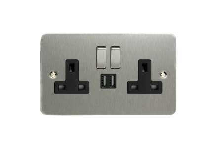 Designová zásuvka Síťová zásuvka MAINS SOCKET - 2-modulový 13A 1-pólový britská zásuvka ULTRAPLOCHÉ - kartáčovaná ocel / černá, XFS5U2SDB