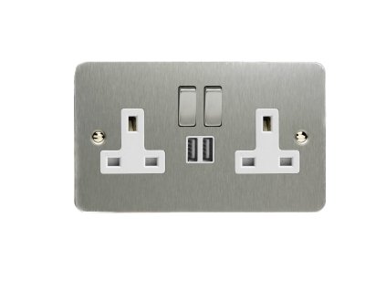 Designová zásuvka Síťová zásuvka MAINS SOCKET - 2-modulový 13A 1-pólový britská zásuvka ULTRAPLOCHÉ - kartáčovaná ocel / bílá, XFS5U2SDW