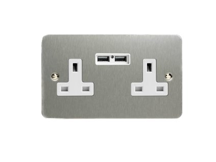 Designová zásuvka Síťová zásuvka MAINS SOCKET - 2-modulový 13A britská zásuvka ULTRAPLOCHÉ - kartáčovaná ocel / bílá, XFS5U2W