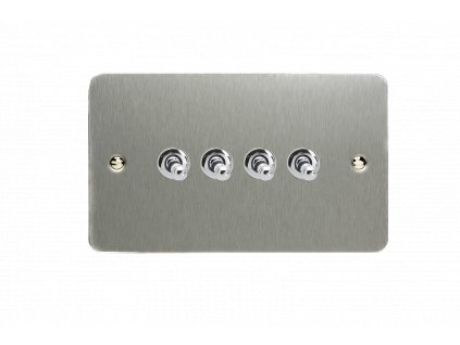 Designový vypínač Páčkový vypínač TOGGLE - 4-modulový schodišťový (č.6); jednosměrný (č.1) 10A 1-pólový ULTRAPLOCHÉ - kartáčovaná ocel / chromové páčky, XFST9