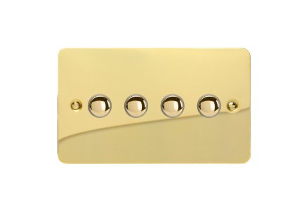 Designový vypínač Tlačítkový vypínač IMPULSE - 4-modulový jednosměrný (č.1) 6A 1-pólový momentový ULTRAPLOCHÉ - leštěná mosaz / mosazná tlačítka, XFVP4