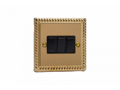 Designový vypínač Kolébkový vypínač ROCKER - 3-modulový schodišťový (č.6); jednosměrný (č.1) 10A 1-pólový KLASICKÉ - leštěná mosaz / černé kolébky, XG3B