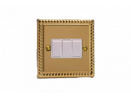 Designový vypínač Kolébkový vypínač ROCKER - 3-modulový schodišťový (č.6); jednosměrný (č.1) 10A 1-pólový KLASICKÉ - leštěná mosaz / bílé kolébky, XG3W