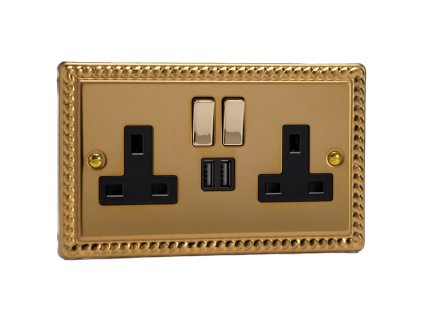 Designová zásuvka Síťová zásuvka MAINS SOCKET - 2-modulový 13A 1-pólový britská zásuvka KLASICKÉ - leštěná mosaz / černá, XG5U2SDB