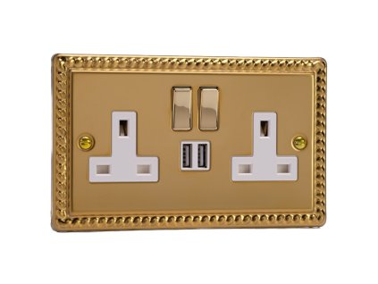 Designová zásuvka Síťová zásuvka MAINS SOCKET - 2-modulový 13A 1-pólový britská zásuvka KLASICKÉ - leštěná mosaz / bílá, XG5U2SDW