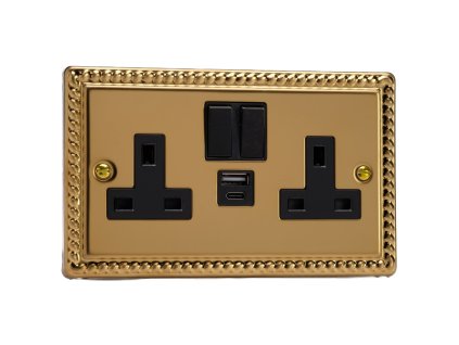 Designová zásuvka Síťová zásuvka MAINS SOCKET - 2-modulový 20 W USB 13A 1-pólový britská zásuvka KLASICKÉ - leštěná mosaz / černý, XG5UACB