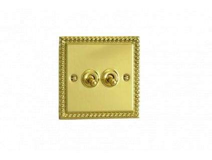 Designový vypínač Páčkový vypínač TOGGLE - 2-modulový schodišťový (č.6); jednosměrný (č.1) 10A 1-pólový KLASICKÉ - leštěná mosaz / mosazná páčka, XGT2