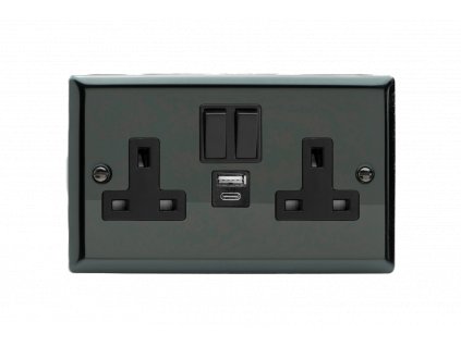 Designová zásuvka Síťová zásuvka MAINS SOCKET - 2-modulový 20 W USB 13A 1-pólový britská zásuvka KLASICKÉ - černé (lesklé) iridium / černý, XI5UACB