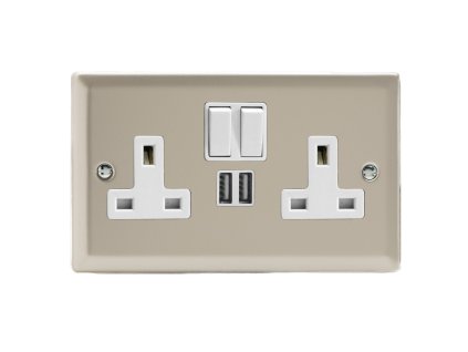 Designová zásuvka Síťová zásuvka MAINS SOCKET - 2-modulový 13A 1-pólový britská zásuvka KLASICKÉ - satén / bílá, XN5U2SW