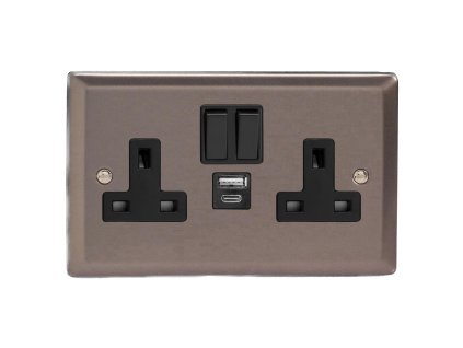 Designová zásuvka Síťová zásuvka MAINS SOCKET - 2-modulový 20 W USB 13A 1-pólový britská zásuvka KLASICKÉ - cínová / černý, XR5UACB