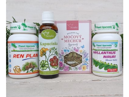 004 Zápal močových ciest vyriešime s Kapsulami Chanca Piedra a Ren Plan Planet Ayurveda Čaj Močový mechúr a Tinktúra Kapucinka Serafin
