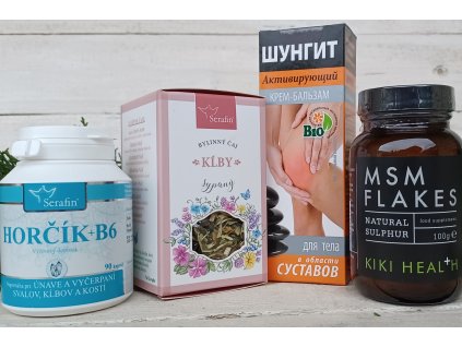 006 Zápal a bolesti kĺbov môžme zmierniť so Sírou od Kiki Health MSM Flakes Čaj Serafin Chrbtica alebo Kĺby Hročík + B6 od Serafínu Šungit Krém