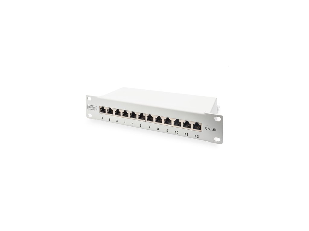 DIGITUS 10" patch panel 12port 1U Cat6A, STP, Krone LSA+, vyväz. lišta, sivý RAL7035 DN-91612S-EA-G