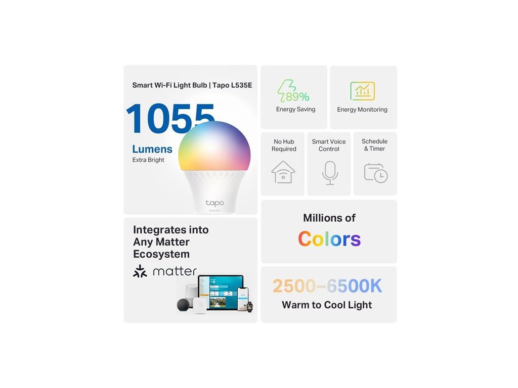 TP-LINK "Smart Light Bulb, Multicolor,MatterSPEC: A60 bulb, E27 base, 220~240V, 50/60 Hz, 8.6W, 16 Million Colors, 2500 Tapo L535E