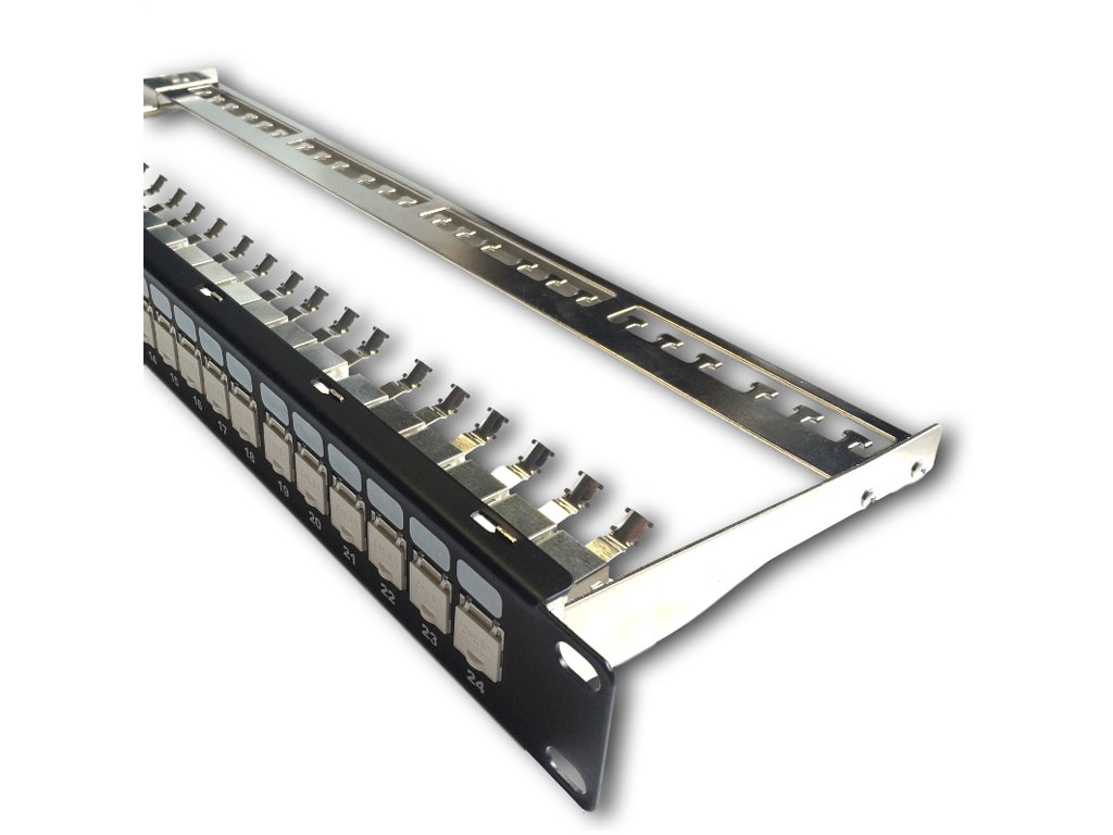 DATACOM Patch panel 19'' STP 24 port CAT6A 1U čierny, vyvaz.lišta, beznástrojový 3132