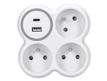 Solight Rozbočovač, 3x 15A, USB nabíjačka A+C, biely-sivý, vypínač P106USBC
