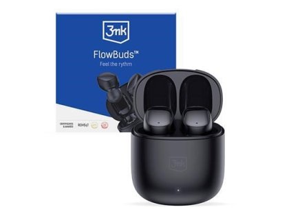 3mk bezdrátová stereo sluchátka FlowBuds, nabíjecí pouzdro, černá 5903108497404
