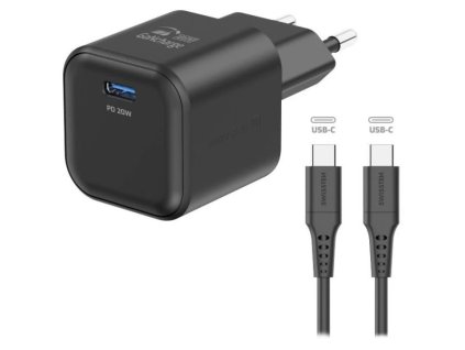 Swissten síťový adaptér gan 1x usb-c 20w power delivery černý + datový kabel usb-c/usb-c 1,2 m černý 22070130