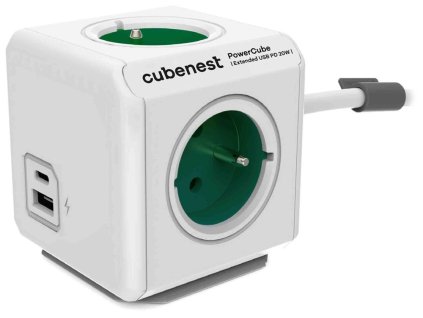 Cubenest Powercube Extended USB PD 20W, A+C, 4× zásuvka, 1,5m, bílá/zelená, dětská pojistka, uzemnění, dok, 10A/250V PC420GN