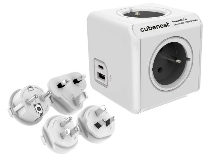 Cubenest Powercube ReWirable USB PD 20W, A+C, 4× zásuvka, bílá/šedá, 4 cestovní koncovky, dětská pojistka, uzemnění PC620GY